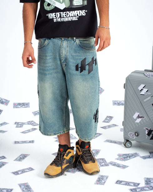 INITIAL BAGGY JORTS - BLUE CREAM